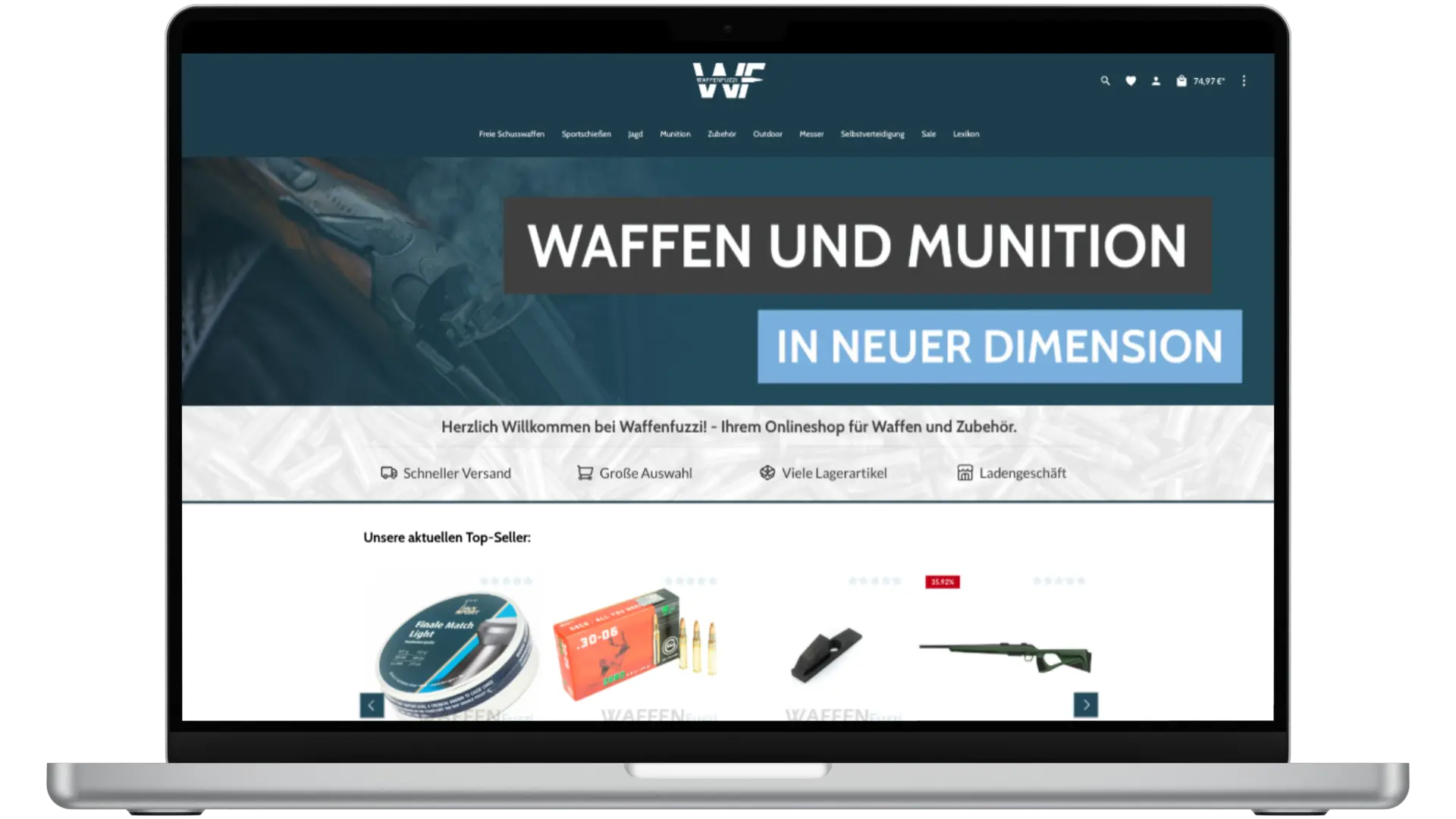Geöffneter Laptop zeigt die Startseite von waffenfuzzi.de