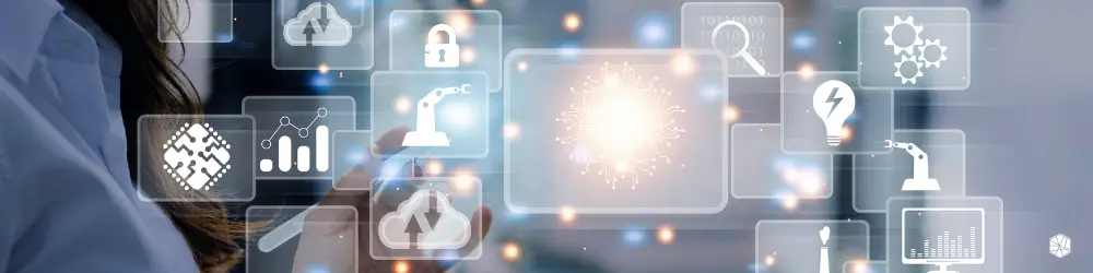 Person hält Tablet und interagiert mit schwebenden digitalen Symbolen zu Datenanalyse, Automatisierung und Industrie 4.0 in einem modernen Büro