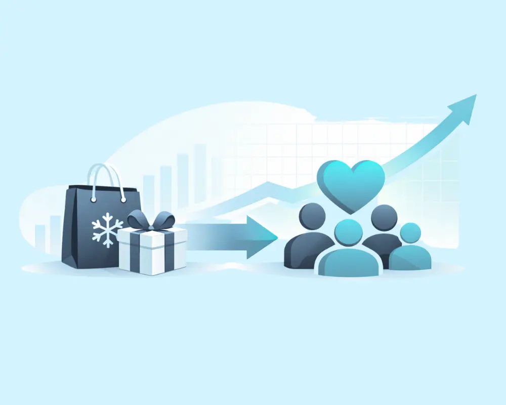 Grafik mit Einkaufstasche und Geschenk, Pfeil zeigt auf Gruppe von Personen mit Herzsymbol und aufsteigendem Pfeil im Hintergrund