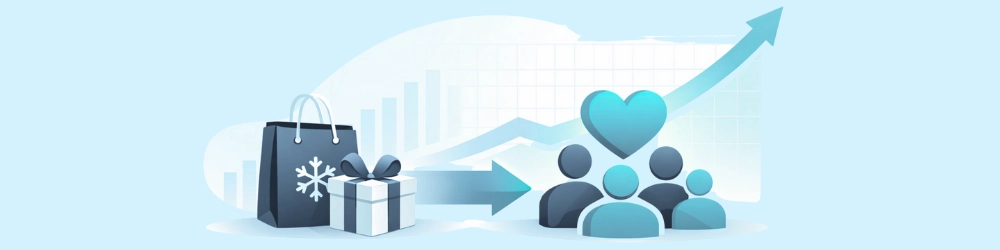 Grafik mit Einkaufstasche und Geschenk, Pfeil zeigt auf Gruppe von Personen mit Herzsymbol und aufsteigendem Pfeil im Hintergrund