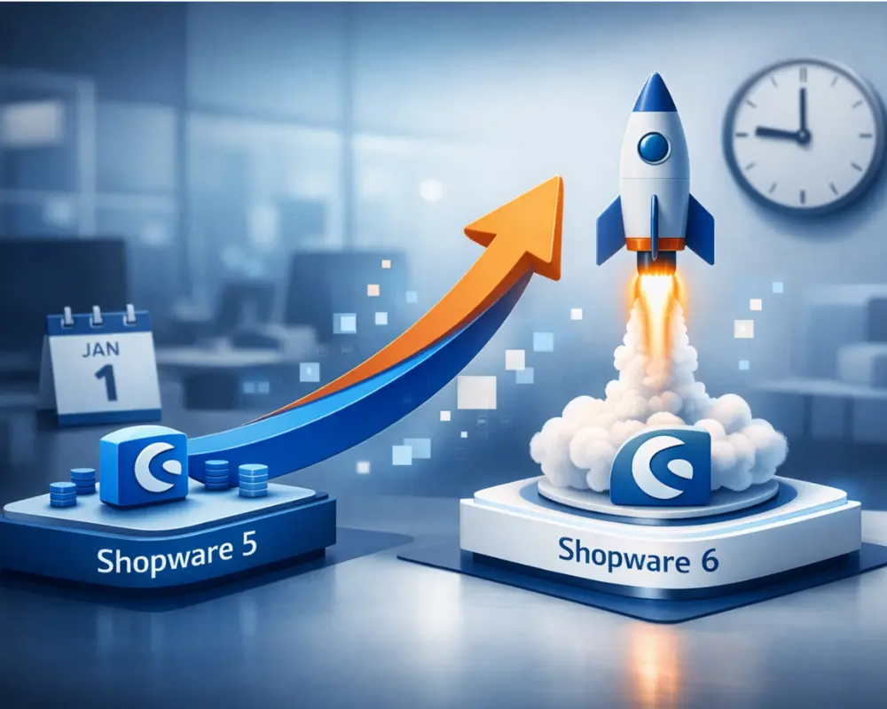 3D-Darstellung eines aufsteigenden Pfeils von einer Plattform mit dem Logo und Schriftzug 'Shopware 5' zu einer Plattform mit dem Logo und Schriftzug 'Shopware 6', auf der eine Rakete startet, im Hintergrund ein Kalenderblatt mit 'JAN 1' und eine Uhr.