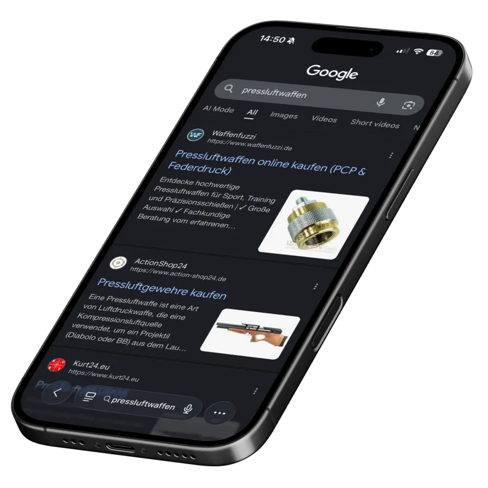 Handy zeigt Google Ergebnisse zum Suchbegriff 'Pressluftwaffen'. Waffenfuzzi ist das erste Ergebnis.