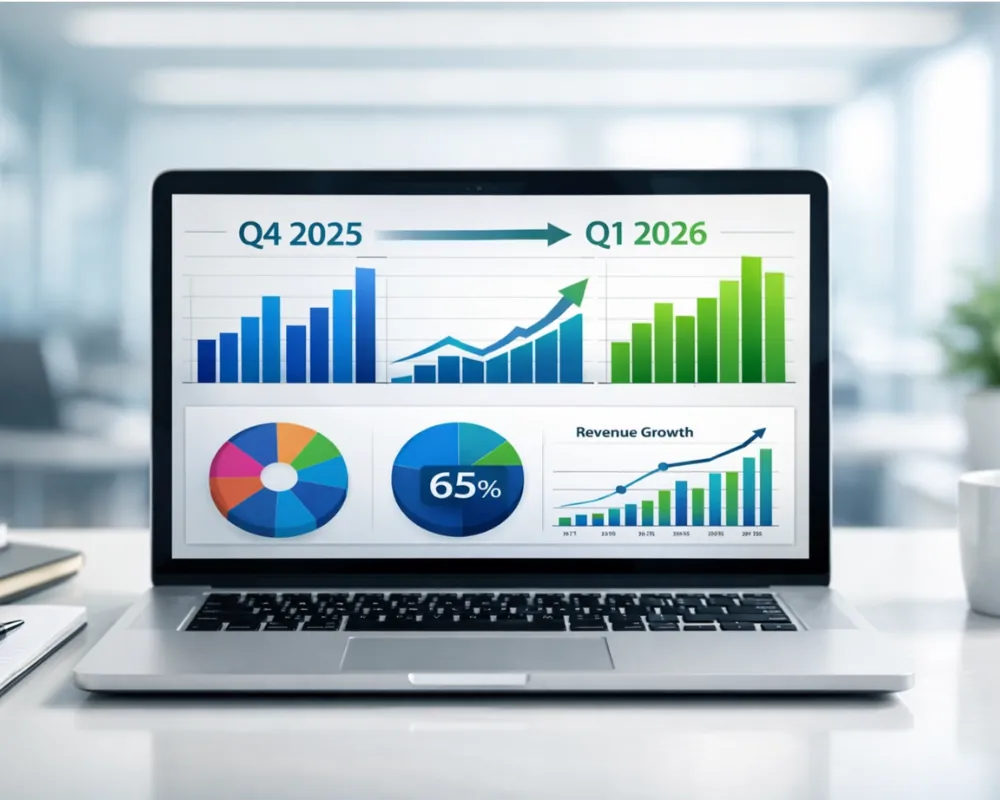 Laptopbildschirm zeigt verschiedene bunte Diagramme und Grafiken mit Wachstumsdaten von Q4 2025 bis Q1 2026.