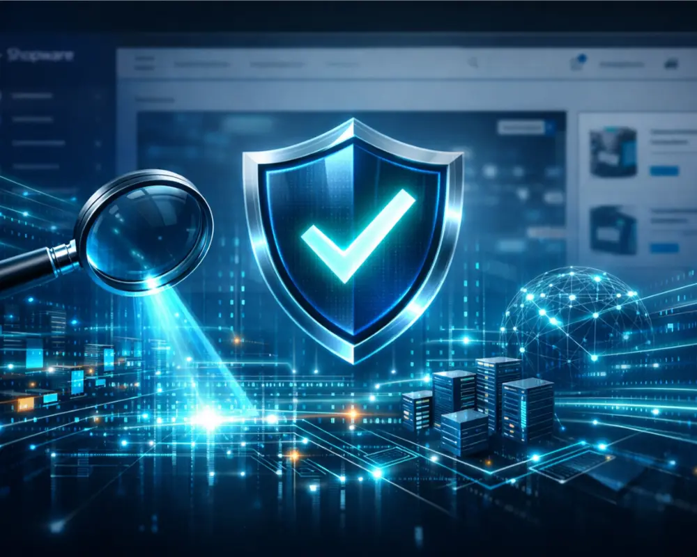 Leuchtendes blaues Schild mit Häkchen vor digitalem Netzwerk, Lupe und Servern symbolisiert IT-Sicherheitsaudit